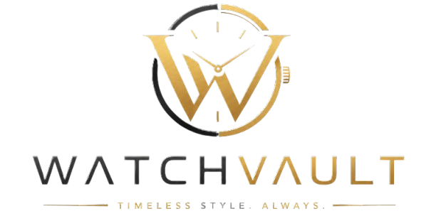 A Watchvault logo on a white background, featuring a stylized gold and black watch emblem above the brand name 'WATCHVAULT' with the tagline 'TIMELESS STYLE. ALWAYS.