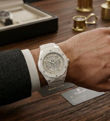 A close-up lifestyle shot of a person's hand wearing a white dial watch with a white strap, set against a dark wooden desk with watch boxes and other watches in the background.